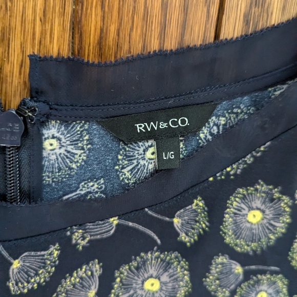 EUC dandelion print navy blue three quarter sleeve tie-waist RW & Co dress - Picture 6 of 7